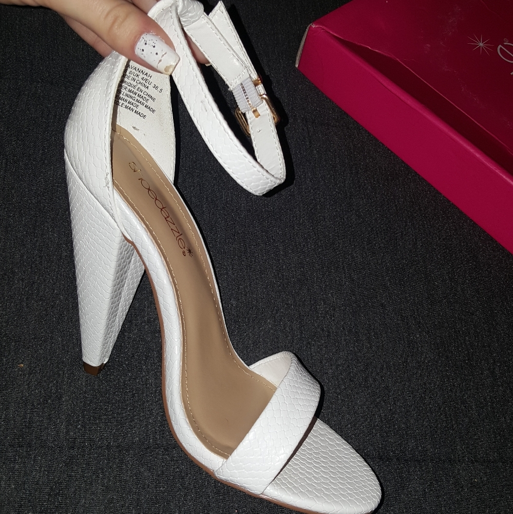 Snake print white heels